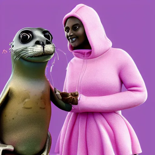 Image similar to a happy sappy seal dressed in a pink dress standing next to a frog warrior with hoodie on, hyperrealistic, extremely detailed, 8 k, octane render, trending artstation