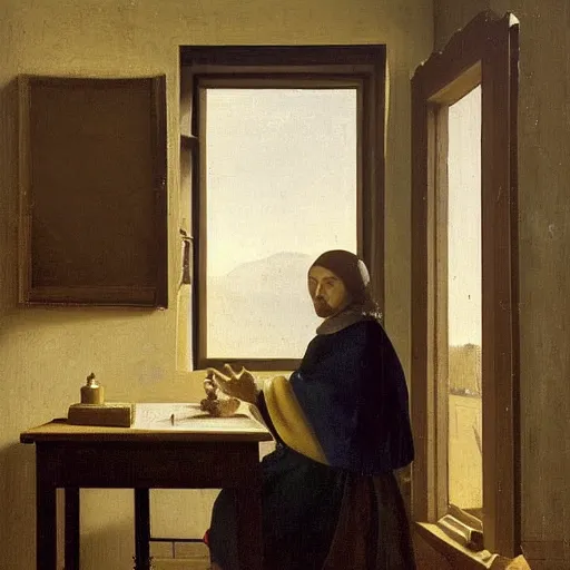 Image similar to An oil painting of a man sat at an escritoire desk with his hand touching an ammonite fossil, there is a window with muntins to his left and a wood closet behind him, in the style of The Astronomer by Vermeer, Dutch Golden Age, Old Masters