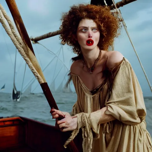 Image similar to a woman throwing up, a beautiful english woman with a long face narrow nose pale skin blue eyes red lips and wild messy tangles of curly white blonde hair leaning over the side of a sailing ship and throwing up, high resolution film still wearing a black robe and skull necklace and holding a spear, sandy, a journey to the west