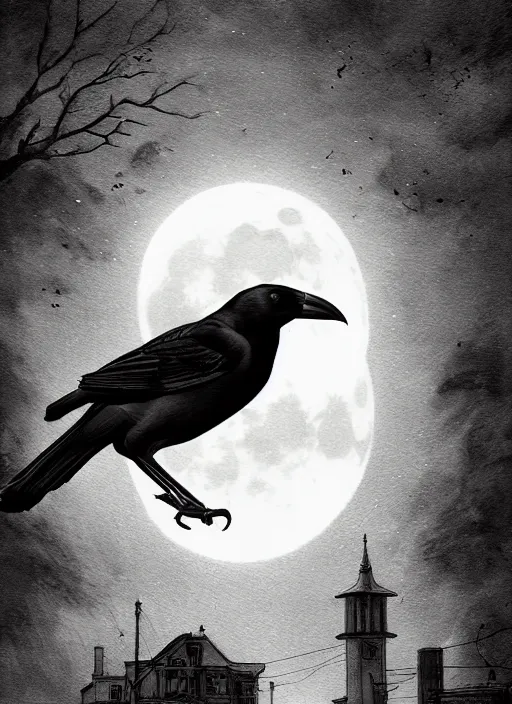 Image similar to portrait, A crow in front of the full big moon, book cover, red white and black colors, establishing shot, extremly high detail, foto realistic, cinematic lighting, pen and ink, intricate line drawings, by Yoshitaka Amano, Ruan Jia, Kentaro Miura, Artgerm, post processed, concept art, artstation, matte painting, style by eddie mendoza, raphael lacoste, alex ross