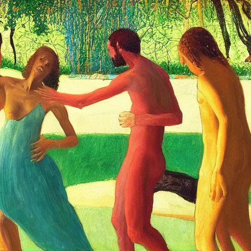 Prompt: 4 peoples dancing in the garden of Eden, nature, happy, painted by Edward Hooper, Peter Doig, low-key lighting, minimalist oil paint with thick brushstrokes of paint, ultra detailed, realistic, small spot of thick melting paint drips all over, 16k