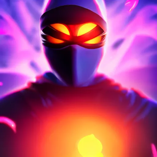 Image similar to ninja surrounded by purple aura, glowing red eyes, full body shot, menacing, stylized, octane render, artstation, digital art, digital painting, devian art