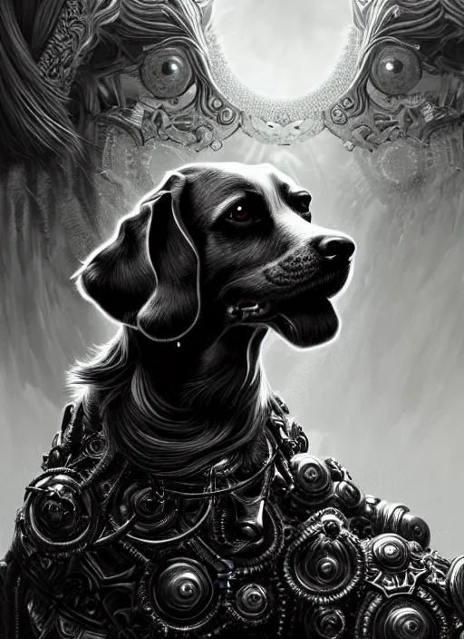 Image similar to dog as a god with flow hair and green eyes, very detailed face, black and white, detailed features, fantasy, circuitry, explosion, dramatic, intricate, elegant, highly detailed, digital painting, artstation, concept art, smooth, sharp focus, illustration, art by gustave dore, octane render