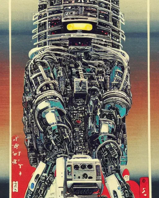 Image similar to Hiroshige portrait of a robot saint made of cables and robotic pod by John Berkey