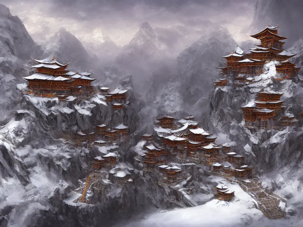 Prompt: shaolin monastery on snowy mountain, rope ladder everywhere, trending on artstation, by frank frazetta, concept art, digital art, cool color palette, 8 k, sad, incandescent, cinematic lighting, ray tracing ambient occlusion, in a symbolic and meaningful style, insanely detailed and intricate, hypermaximalist, elegant, ornate, hyper realistic, super detailed