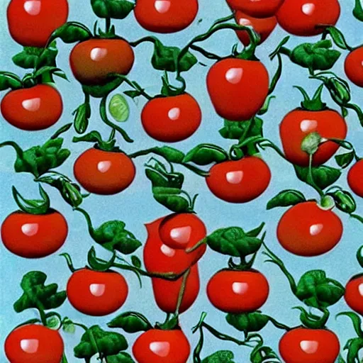 Image similar to attack of the killer's tomatoes. rene magritte style