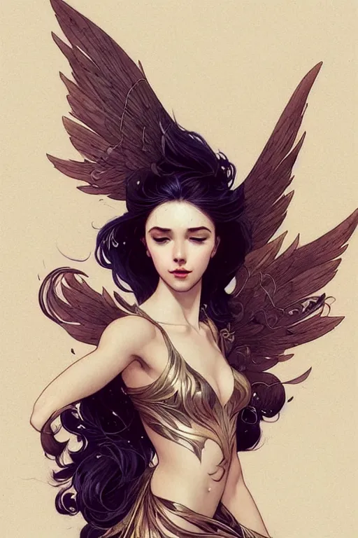 Image similar to portrait of woman with flowy hair, bird wings, confident pose, pixie, genshin impact, intricate, elegant, sharp focus, illustration, highly detailed, concept art, matte, trending on artstation, bright colors, art by wlop and artgerm and greg rutkowski, mucha, giger, marvel comics