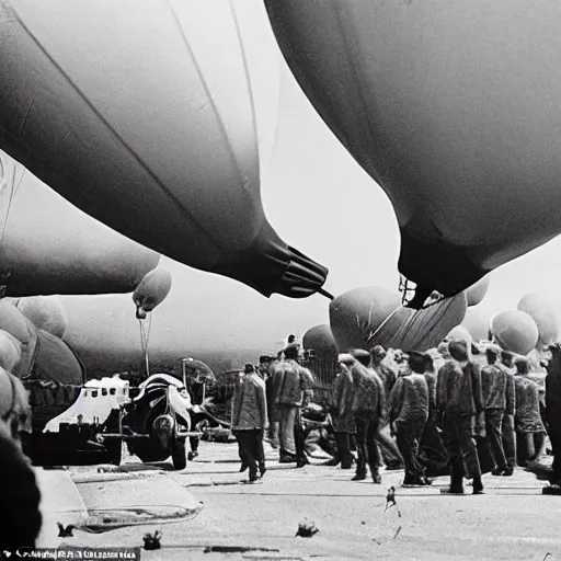 Prompt: basking in the first sun - rays were huge floating balloons a defence umbrella against enemy air - raids on port - installations, 1 9 6 0 photo