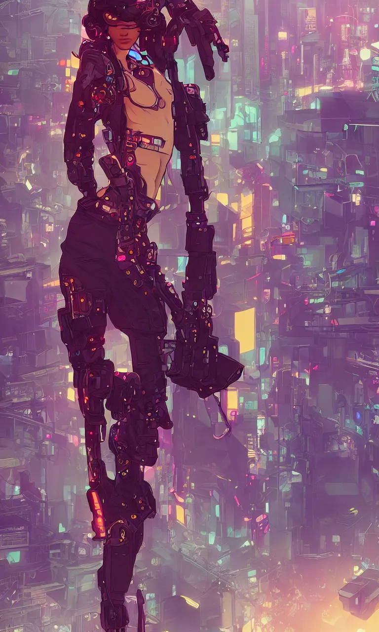 Image similar to zendaya as a cyberpunk hero standing on the rooftop of cybertown, art poster, full body, t - pose, character design, ambient lighting, 4 k, lois van baarle, ilya kuvshinov, rossdraws, alphonse mucha, jung gi kim, dylan kowalsk, artstation