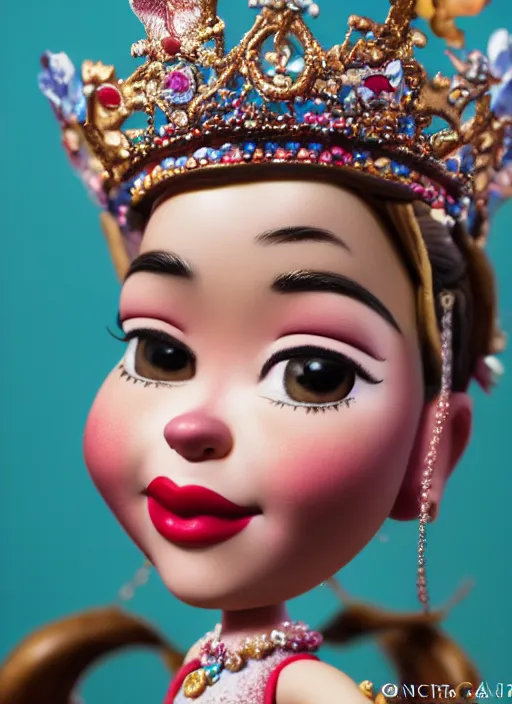 Image similar to closeup face profile portrait of tin toy sylvia sims as a fairytale princess wearing a crown eating cakes, bikini, depth of field, zeiss lens, detailed, symmetrical, centered, fashion photoshoot, by nicoletta ceccoli, mark ryden, lostfish, breathtaking, 8 k resolution, extremely detailed, beautiful, establishing shot, artistic, hyperrealistic, octane render