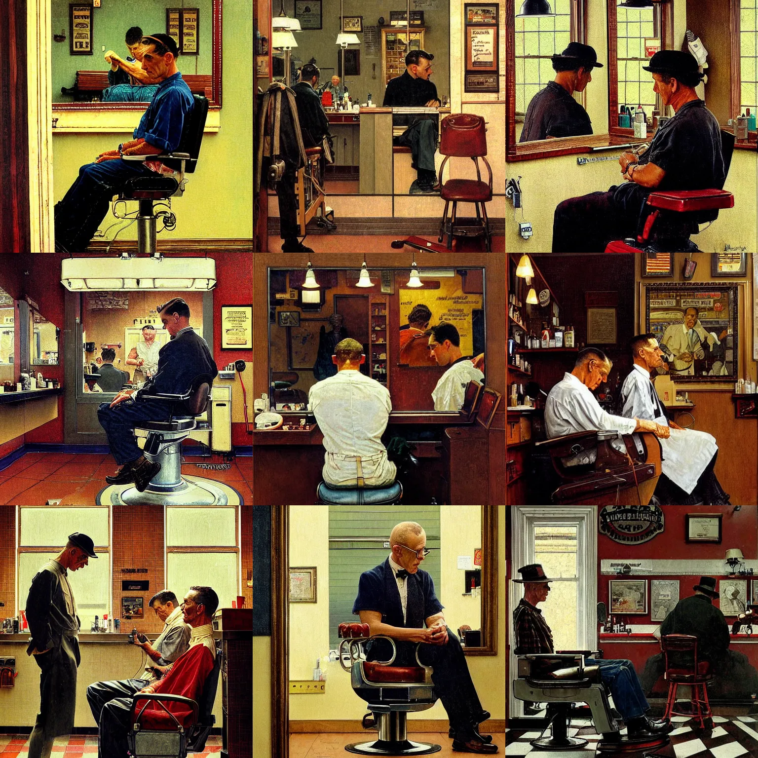 Prompt: a man sitting alone in a barbershop, intricate beautiful painting, strong lighting, by norman rockwell