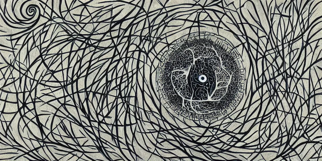 Prompt: tree of life, abstraction, nerves, yin and yang, tranquility, zen,, by yoshitaka aman,