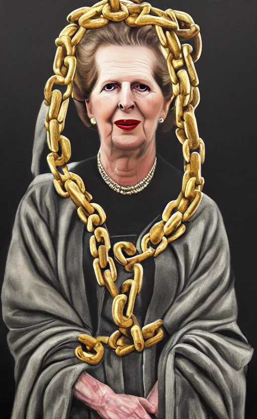 Prompt: an oil portrait of margaret thatcher in ceremonial robe keeping distressed servals in chains at her feet, high quality, artstation, higly detailed, dark lighting