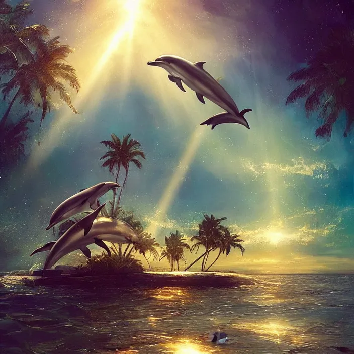 Image similar to dolphins swimming, golden hour, god rays, dreamscape by artgerm and ruan jia and ismail inceoglu and greg olsen, palm trees, cosmos, milky way galaxy, masterpiece, beautiful, intricate, elegant, highly detailed