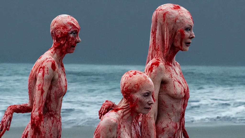 Image similar to close up photo of Helen McCrory and Annabelle Wallis coming out of the ocean, extreme detailed face, a blood portal on the background, film still from the movie directed by Denis Villeneuve with art direction by Zdzisław Beksiński, wide lens