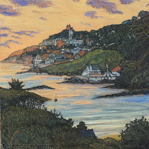 Image similar to rebecca guay's painting of a quaint seaside fishing town with steep hills and corpuscular rays.