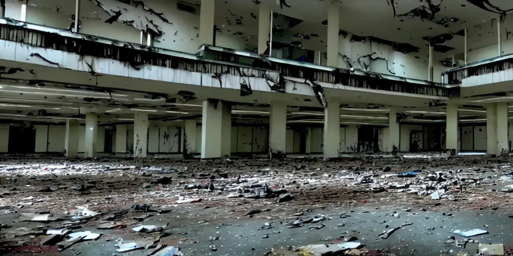 Image similar to abandoned replicant factory in a mall, damaged camcorder video