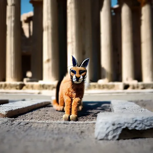 Image similar to a cinematic film still of a claymation stop motion film starring cute caracal, big wooden barrel, ancient greek city, marble temple columns, olive trees, shallow depth of field, 8 0 mm, f 1. 8