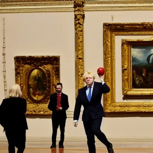 Prompt: Boris Johnson angrily throws tomatoes at paintings in the louvre