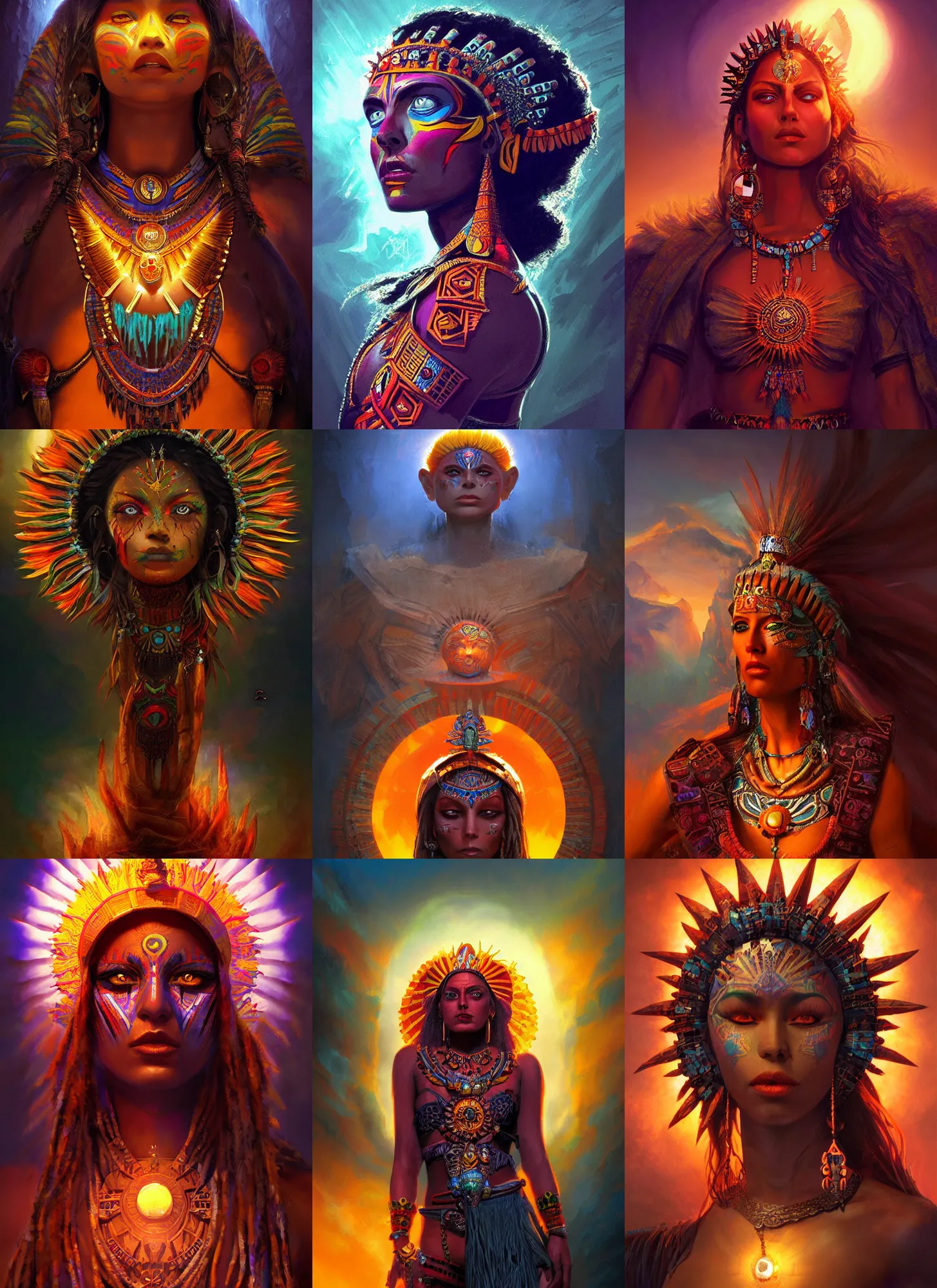 Image similar to aztec sun goddess, vivid colors, dark shadows, contrast, concept art, sharp focus, digital art, Hyper-realistic, 4K, Unreal Engine, Highly Detailed, Dramatic Lighting, Beautiful, by Brom, bastien lecouffe-deharme