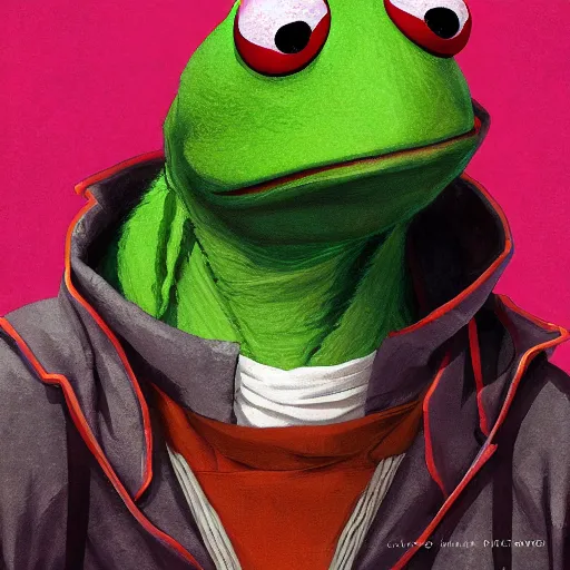 Image similar to An anime portrait of Kermit The Frog as a new wave musician, by Stanley Artgerm Lau, WLOP, Rossdraws, James Jean, Andrei Riabovitchev, Marc Simonetti, and Sakimichan, tranding on artstation