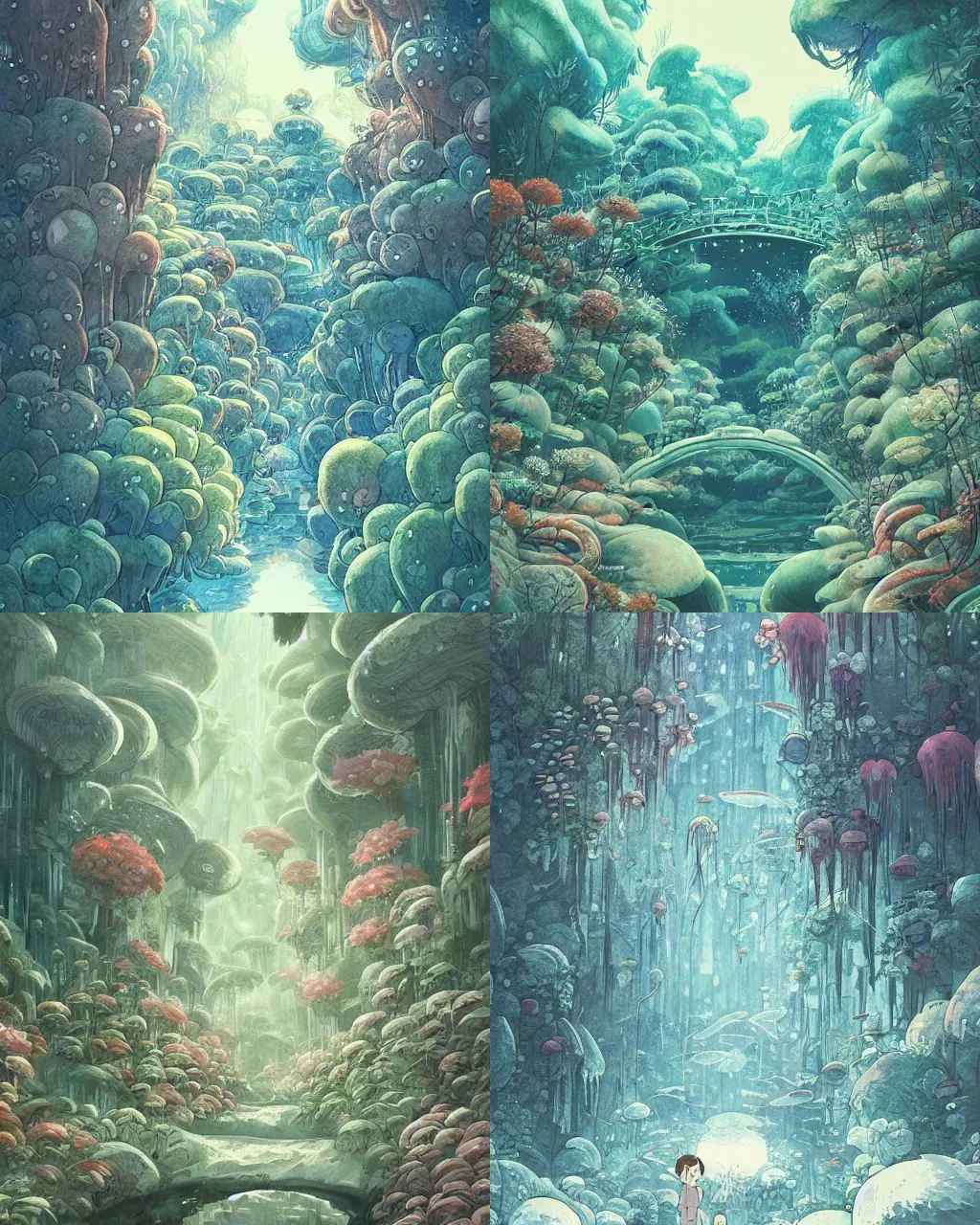 Prompt: Studio Ghibli art style, an icy underground ecosystem with many types of structures flora and fauna, style of James jean, warm color palette, atmospheric perspective, lush, humid, mysterious, secret, magical, futuristic