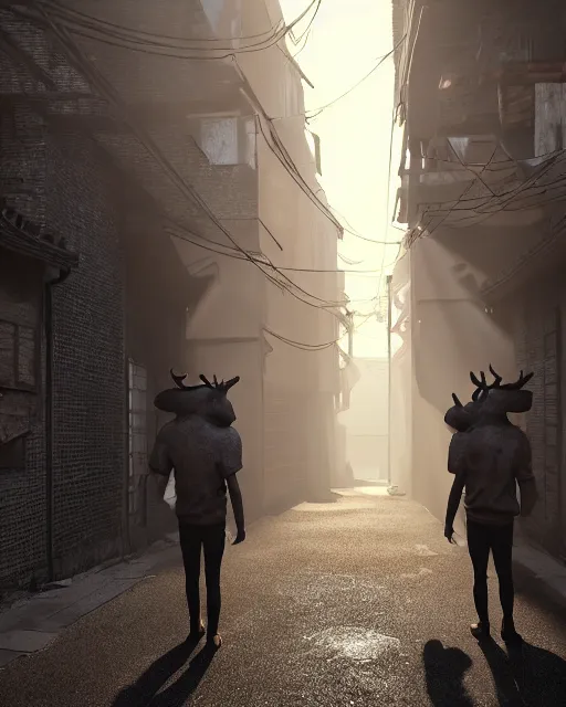 Prompt: artstation scifi scene of two deer - headed shadow, in a chinese town narrow alley, dim lights, long shadows, summer unreal engine 5, hyper realism, realistic shading, cinematic composition, blender render, octane render, hdr, detailed textures, photorealistic, wide shot