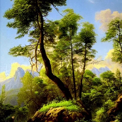 Image similar to painting of a lush natural scene on an alien planet by ivan shishkin. beautiful landscape. weird vegetation. cliffs and water.