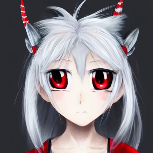 Image similar to white hair, red eyes, two little horn on the head, anime style, anime girl