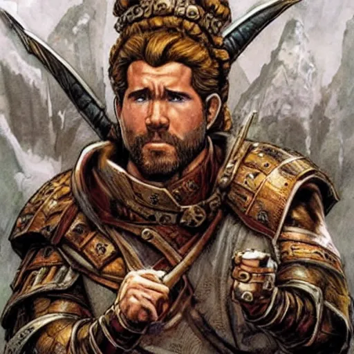 Image similar to ryan reynolds as a d & d dwarven cleric, by simon bisley