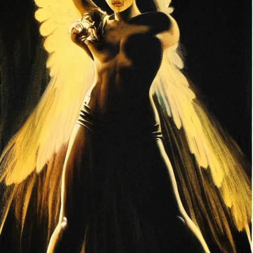 Image similar to frank frazetta portrait of jennifer connelly as angelic light being, full body, 8 k, realistic, photo real, smooth, sharp, intricate detail, hyper detail, dramatic lighting, dramatic shading