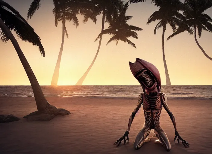 Image similar to symmetrical - face!!! a xenomorph alien relaxing on a beach in jamaica, cinematic lighting, sunset, 8 k - resolution!!, hyperrealism, national geographic, award winning, artstation, unreal engine 5, octane, redshift