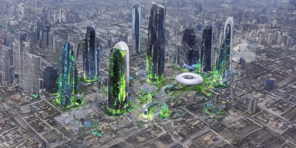 Image similar to future forest city attacked by spaceship, broken buildings, star trek, glory war, photograph