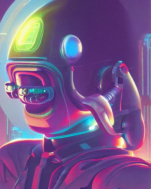 Image similar to sloth as future coder man looking on, sleek cyclops display over eyes and sleek bright headphoneset, neon accent lights, holographic colors, desaturated headshot portrait digital painting by dean cornwall, rhads, john berkey, tom whalen, alex grey, alphonse mucha, donoto giancola, astronaut cyberpunk electric