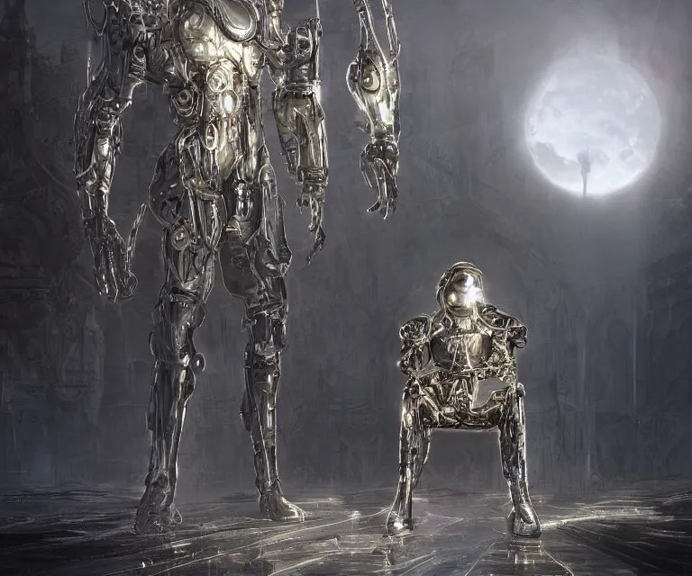 Image similar to translucent glowing cyborg sitting on a metal throne, futuristic castle as background, fantasy sci - fi, highly detailed, metallic, 2 0 0 mm focus