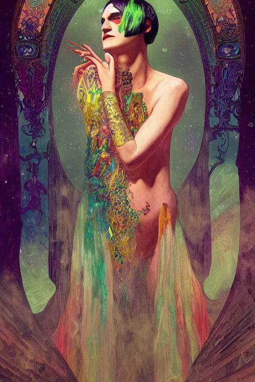 Image similar to portrait of brian molko as delirium of the endless, the sandman, rainbow clothes, in persian temple wet night, sci - fi and fantasy, intricate and very very beautiful and elegant, highly detailed, digital painting, artstation, concept art, smooth and sharp focus, illustration, art by tian zi and wlop and alphonse mucha