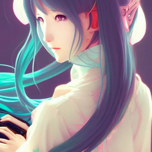 Prompt: hatsune miku using computer, illustration, art by artgerm and greg rutkowski and alphonse mucha