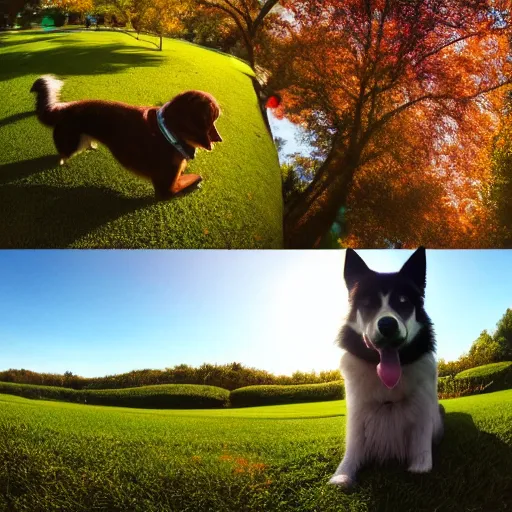 Prompt: Selfie of a dog sitting in a beautifully vivid park, while the sun shines brightly on the fur of the dog, subsurface scattering, first-person view, fisheye!!!!!! lens, photorealistic imagery, trending on artstation, 4k, 8k