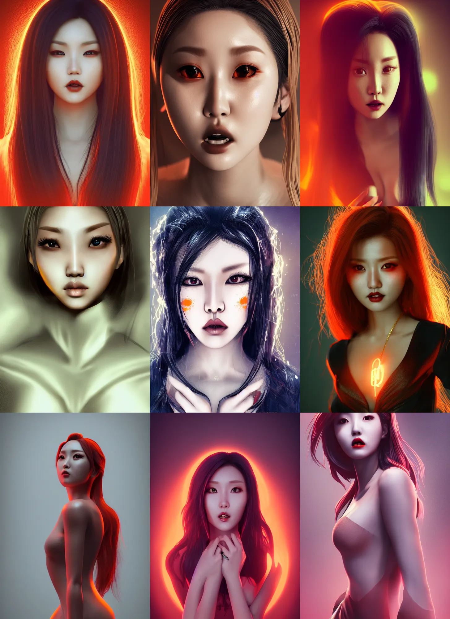 Prompt: hwasa as a vampire. intricate clothes, semi realism, anime realism, symmetrical face, slim face, photorealism, uhd, amazing depth, glowing, golden ratio, 3 d octane cycle unreal engine 5, volumetric lighting, cinematic lighting, red orange lighting, artstation concept art