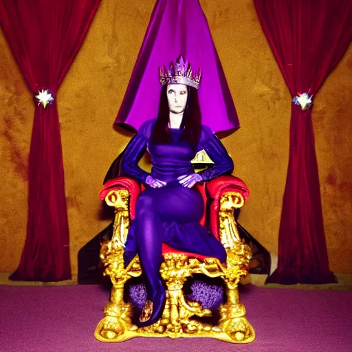 Prompt: A 4k photo skinny woman with purple hair wearing a diamond crown, sitting in a red throne in a dark and obscure room.