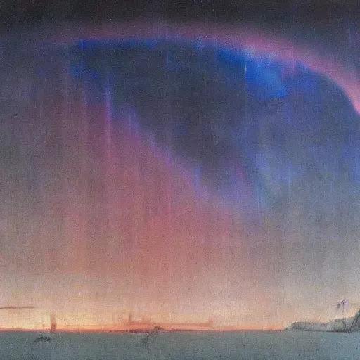 Image similar to the epic abstract painting'blue arctic void with black and red aurora borealis above a tiny inuit village ', by caspar david friedrich!!!, by rothko!!!, stunning masterpiece, trending on artstation