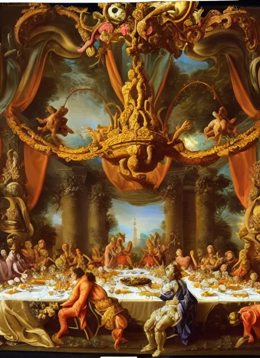 Prompt: a rococo painting of aliens eating at a banquet, dramatic painting, symmetrical composition, ornate, high detail, blooming, lights, flowers,