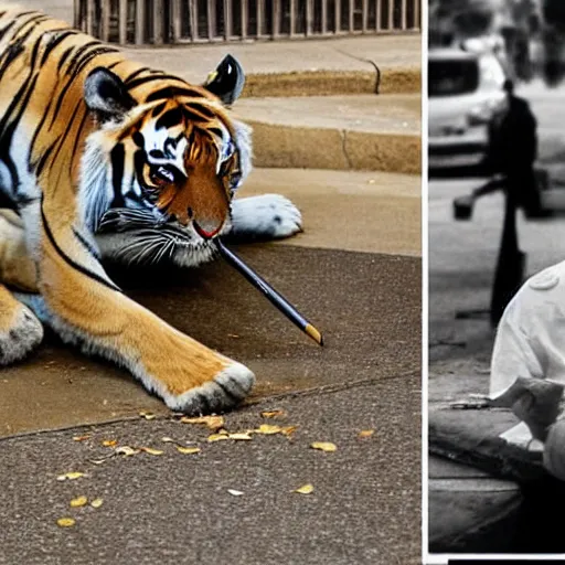 Image similar to photography of a tiger and a policeman smoking marijuana in the streets