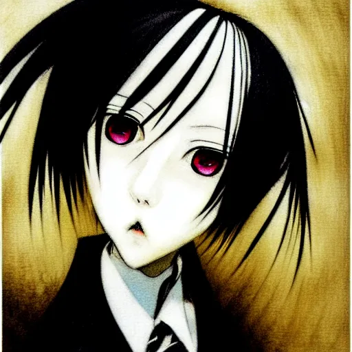 Image similar to Yoshitaka Amano realistic illustration of an anime girl with short white hair and black eyes wearing tuxedo, abstract black and white patterns on the background, noisy film grain effect, highly detailed, Renaissance oil painting