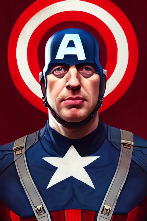 Prompt: Boris Johnson as Captain America, realistic portrait, symmetrical, highly detailed, digital painting, artstation, concept art, smooth, sharp focus, illustration, cinematic lighting, art by artgerm and greg rutkowski and alphonse mucha