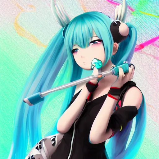 Prompt: hatsune miku high on weed with bloodshot eyes smoking with a vape pen, artstation, 4 k