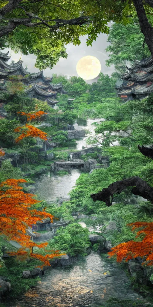 Prompt: A ultra-realistic CG rendering of Ancient China,There is a stream, jiangnan ancient buildings on besides of the stream,in the evening,Orange leaf maple tree, a moon in the sky, 8k,