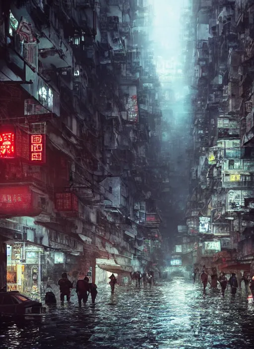 Image similar to dramatic Photorealistic, Matte Painting of a busy post apocalyptic deep flooded Hong Kong city street at night,dark Tall buildings by Greg Rutkowski,Craig Mullins,Hyperrealism,Beautiful dramatic moody lighting,Cinematic Atmosphere,volumetric,Octane Rendering,8K