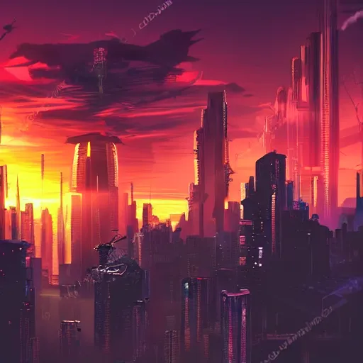 Image similar to Cyberpunk fantasy world with beautiful sunset