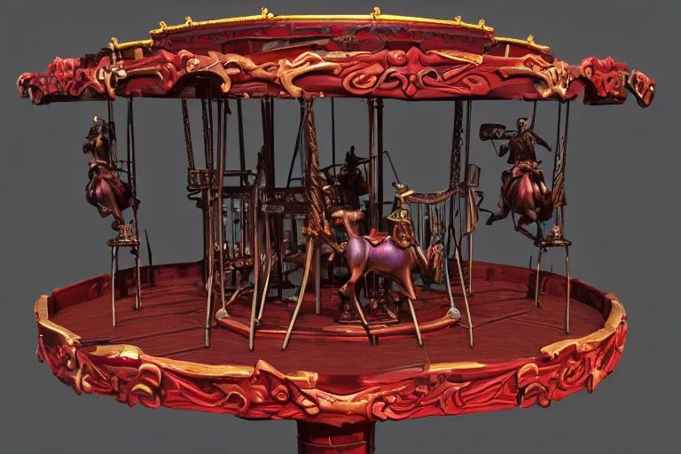 Prompt: 3d sculpt of an evil ironwork carousel, artstaton, League of Legends, red dead redemption2, overwatch, digital illustration